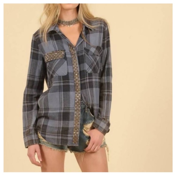 Vintage Havana Tops - Vintage Havana Aryn studded plaid flannel shirt